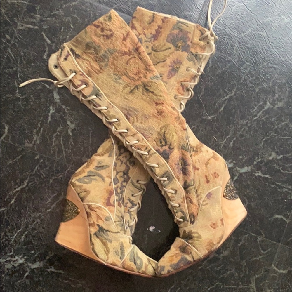 suede lined vintage tapestry wedge knee high boots